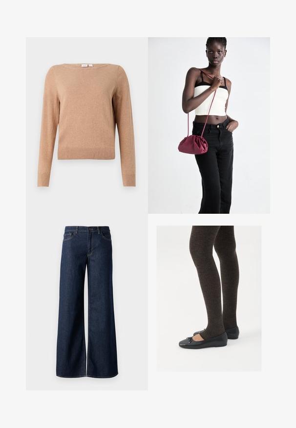 Beige long-sleeve crew neck sweater with ribbed hem and cuffs, displayed on a plain light background.; Wide-leg jeans in dark blue denim. Features contrast stitching, five pockets, and a button closure at the waist. Smooth texture.; Black flat shoes with a small bow detail at the toe, paired with dark brown ribbed tights. Shoes have a smooth texture and low profile.; Burgundy soft fabric handbag with a gathered design and a long strap, worn crossbody. Model wears a white crop top and black jeans.