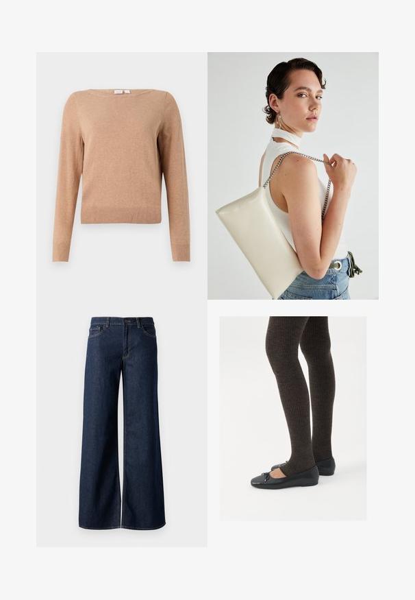 Beige long-sleeve crew neck sweater with ribbed hem and cuffs, displayed on a plain light background.; Wide-leg jeans in dark blue denim. Features contrast stitching, five pockets, and a button closure at the waist. Smooth texture.; Black flat shoes with a small bow detail at the toe, paired with dark brown ribbed tights. Shoes have a smooth texture and low profile.; White rectangular clutch bag made of glossy material, featuring a silver chain strap. Model poses, showcasing the bag against a plain background.