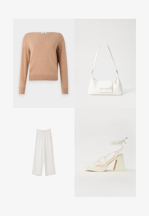 Beige Langarm-Pullover mit Rundhalsausschnitt, geripptem Saum und Bündchen, auf einem schlichten hellen Hintergrund präsentiert.; Weiße weit geschnittene Hose aus leichtem Stoff. Mit einem elastischen Bund und Kordelzug sowie Seitentaschen. Glatte Textur.; Weiße High-Heel-Sandale mit einem klobigen Absatz, die über ein Riemchendesign und ein Knöchelband verfügt. Glatte Textur mit einer Plattform vorne für zusätzliche Höhe.; Weiße synthetische Handtasche in dreieckiger Form, flache Vorderklappe und Schleifendetail, verstellbarer Trageriemen, glatte Textur und minimalistisches Design.
