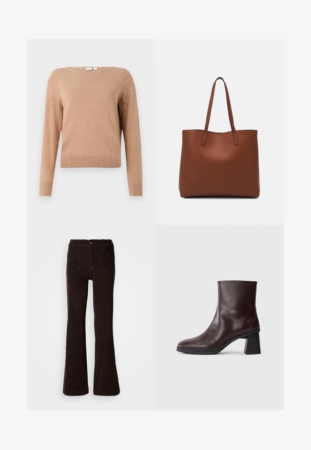Beige lange mouw trui met ronde hals en geribde onderkant en manchetten, tentoongesteld op een effen lichte achtergrond.; Bruine corduroy wijde broek met een gestructureerde afwerking, voorzien van een sluiting met knopen aan de voorkant, riemlussen en twee achterzakken.; Donkerbruin leren enkellaarsje met een blokhak en ronde neus, weergegeven op een effen lichtgrijze achtergrond.; Bruine leren tote bag met een gladde textuur, een ontwerp met een open bovenkant en twee schouderbanden. Kenmerkt zich door minimale stiksels en geen zichtbare hardware.