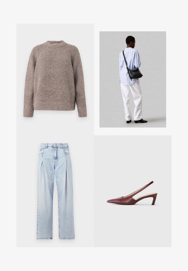 Kerge pruun tekstuuriga sviiter, ümar kaelus ja pikad varrukad, valmistatud pehmest ja karvasest materjalist, millel on lõdva lõikega disain.; Heledad sinise denimist valmistatud teksapüksid kõrge vöökohaga, laia jala lõikega, kahe külje taskuga ja pleedi disainiga. Pehme tekstuur ja pleekinud viimistlus.; Burgundy slingback kontsad, millepunktse varbaga, külgedel lõike üksikasjadega ja kesk kõrgusega plokknina. Sile nahkviimistlus.; Must have mustras alasi nahkpatsi, pehme tekstuuriga, kolmnurkse kujuga ja reguleeritava rihmaga, koos helesinise triibulise särgi ja valgete pükstega.