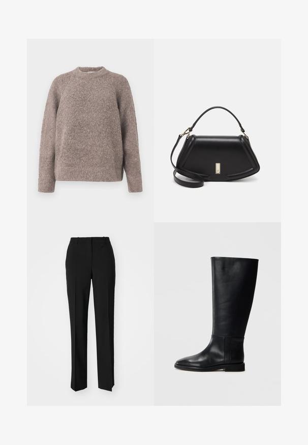 Hellbrauner, strukturierter Pullover mit Rundhalsausschnitt und langen Ärmeln, gefertigt aus einem weichen, flauschigen Material und mit lockerer Passform.; Schwarze, taillierte Hose mit geradem Bein, aus einem glatten Stoff und mit klaren Falten an der Vorderseite. Keine sichtbare Hardware.; Schwarze Lederstiefel bis zum Knie mit runder Zehenform, glatter Textur, minimalistischem Design und flacher Sohle. Einfache Nahtdetails am Schaft.; Schwarze Lederhandtasche mit einem strukturierten Design, das eine verkürzte Form, einen oberen Griff und goldfarbene Hardware-Details aufweist. Verstellbarer Schulterriemen ist enthalten.