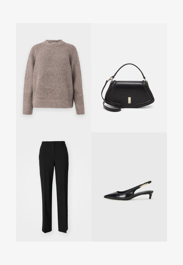Light brown, textured sweater with a round neckline and long sleeves, crafted from a soft, fuzzy material, featuring a relaxed fit.; Black tailored trousers with a straight-leg design, featuring a smooth texture and crisp creases along the front. No visible hardware.; Black leather slingback heels with a pointed toe, featuring a slim heel and a gold-tone accent on the adjustable strap. Smooth texture.; Black leather handbag with a structured design, featuring a cropped shape, top handle, and gold hardware accent. Adjustable shoulder strap included.