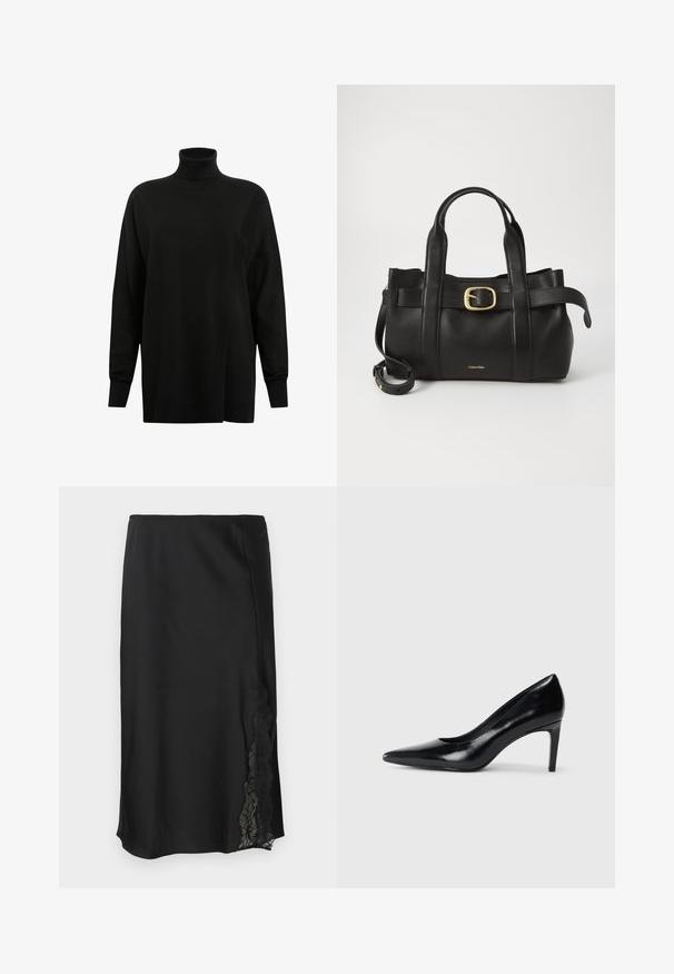 AllSaints BERN WRAP - Neule - black; Musta satiinihame, jossa on sileä pinta, yhdellä sivulla pitsiyksityiskohta ja suora helma. Valjaallinen vyötärö joustavaa istuvuutta varten.; Mustat nahkakengät korkealla korolla, terävä kärki, sileä pinta ja kapeneva korko. Minimalistinen muotoilu, ei ylimääräisiä koristeita.; Musta nahkakäsilaukku, jossa on struktuurinen muotoilu, kaksoiskahvat, kultasävyinen solkiaksentti ja kohokuvioitu brändilogo edessä.