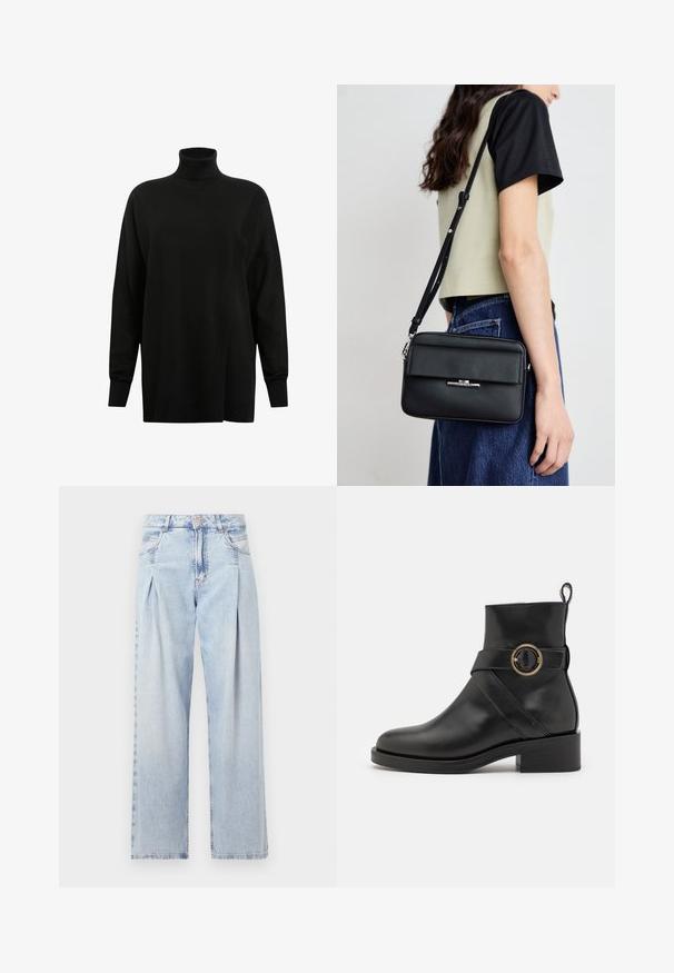 AllSaints BERN WRAP - Strickpullover - black; Helle blaue Denim-Jeans mit hoher Taille, weitem Beinschnitt, zwei seitlichen Taschen und gefaltetem Design. Weiche Textur mit einem ausgebleichten Finish.; BOSS IRYNA BOOTIE - Plateaustiefelette - black; Calvin Klein LINEAR CAMERA BAG - Umhängetasche - black