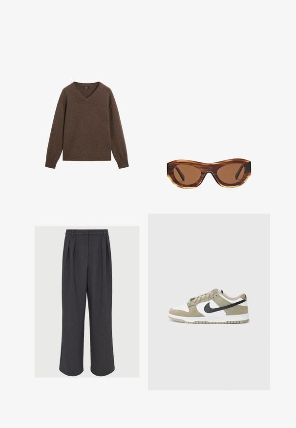 Bruine V-hals trui gemaakt van zacht materiaal met geribbelde manchetten en zoom. Heeft een ontspannen pasvorm en geen zichtbare patronen of hardwareaccenten.; Witte mouwloze blouse van lichtgewicht stof, met een v-hals en een strik, en een gelaagde ruffle zoom. Verstelbare banden.; Wijde broek in donkergrijze stof, met voorplooien, een gladde textuur en een op maat gemaakte tailleband met riemlussen.; Beige en witte suède sneakers met zwarte accenten, geperforeerde neus, platte veters en een rubberen zool met een gestructureerd grippatroon.; Zonnebril met een schildpadstructuur montuur, bruin gradient lenzen en een slanke cat-eye vorm. Gemaakt van lichtgewicht plastic met een glanzende afwerking.; Zwarte leren handtas met een gladde textuur, voorzien van een enkele schouderriem, gouden accenten en een ritsluiting. Logo weergegeven aan de voorkant.