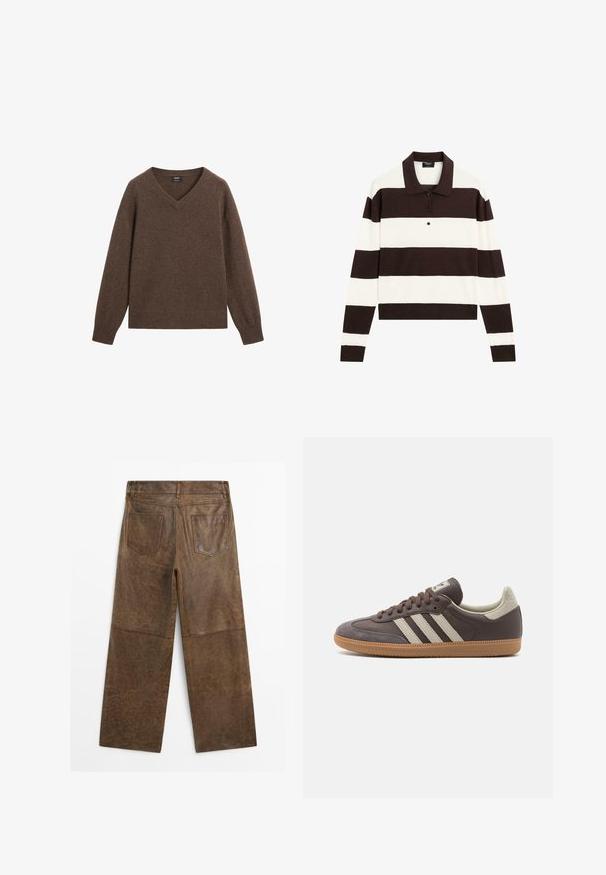 Brauner V-Ausschnitt-Pullover aus weichem Material mit gerippten Bündchen und Saum. Hat eine lockere Passform und keine sichtbaren Muster oder Hardware-Akzente.; Langärmliges Polohemd mit abwechselnd dunkelschokoladenbraunen und weißen horizontalen Streifen, einem Kragen und einer geknöpften Leiste. Hergestellt aus weichem Stoff.; Braune Leder-Hosen mit weitem Bein, zwei Gesäßtaschen und sichtbaren Nähten, von hinten auf einem weißen Hintergrund gezeigt.; Braune Leder-Sneaker mit drei hellen Streifen, Gummisohle, abgerundetem Zehenbereich und strukturierten Wildlederelementen an Ferse und Zehen.