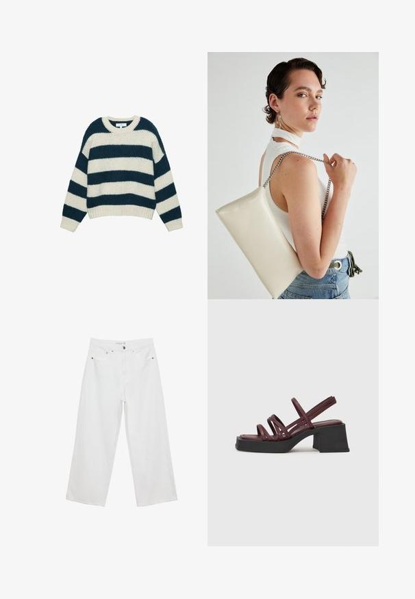 Paksu neulepaita, jossa on leveät vaakasuorat tummansiniset ja valkoiset raidat, pyöreä kaula-aukko ja ribbineuleiset hihansuut sekä helma.; Valkoiset leveälahkeiset farkut, joissa on korkea vyötärö. Tämä malli sisältää viisi taskua ja metallisia yksityiskohtia. Kankaan pinta on sileä, ilman näkyviä kuvioita.; Vagabond HENNIE - Korolliset pistokkaat - cherry; Valkoinen suorakulmainen clutch-laukku, joka on valmistettu kiiltävästä materiaalista ja jossa on hopeinen ketjuolkahihna. Malli poseeraa laukku käsivarsillaan yksinkertaista taustaa vasten.