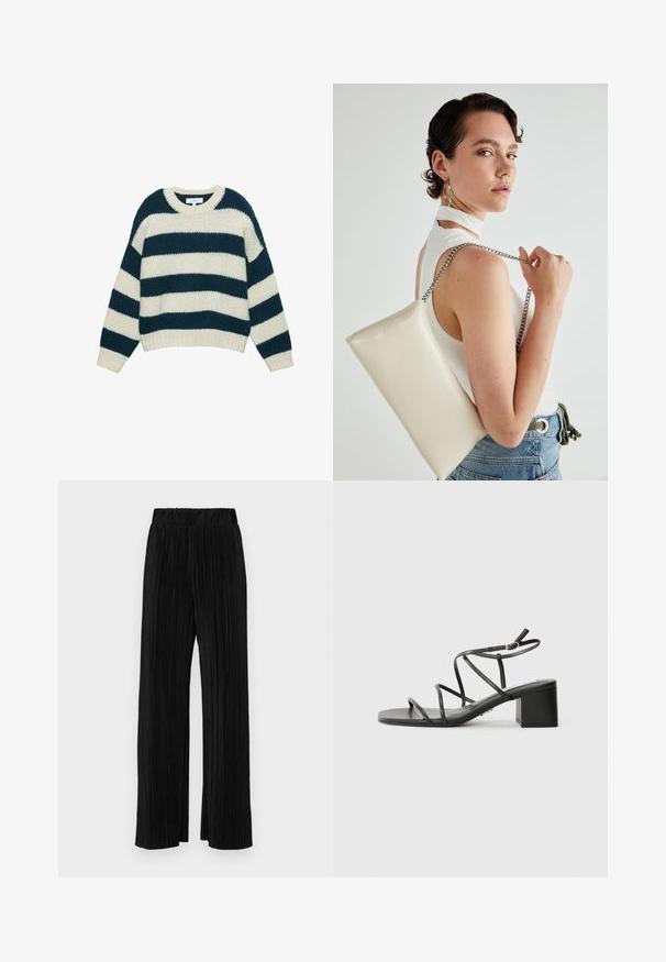 Maglione grosso a maglia con ampie righe orizzontali blu navy e bianche, colletto a girocollo e polsini e orlo a coste.; Pantaloni neri a plissé con vita elasticizzata. Presentano gamba ampia e un tessuto liscio e texture con strisce verticali.; Sandali neri con cinturini, punta quadrata e tacco spesso, realizzati in materiale morbido. Presentano cinturini regolabili alla caviglia e hardware minimal.; Borsa a pochette rettangolare bianca realizzata in materiale lucido, con una tracolla in catena argentata. Il modello posa, mostrando la borsa su uno sfondo semplice.