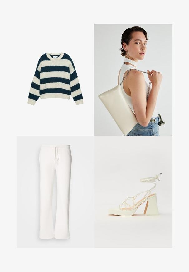 Pulover tricotat gros, cu dungi orizontale late în albastru marin și alb, guler rotund și manșete și tiv din tricot cu crem.; Pantaloni de trening albi, cu croi lejer, fabricați dintr-un material moale, având o talie elastică cu șnur și un design cu picioare drepte.; Sandale albe cu toc înalt și gros, cu un design cu curele și legătură la gleznă. Textură netedă, cu o platformă frontală pentru înălțime suplimentară.; Geantă de clutch rectangulară albă, realizată dintr-un material lucios, având o curea de lanț argintie. Modelul pozează, evidențiind geanta pe un fundal simplu.
