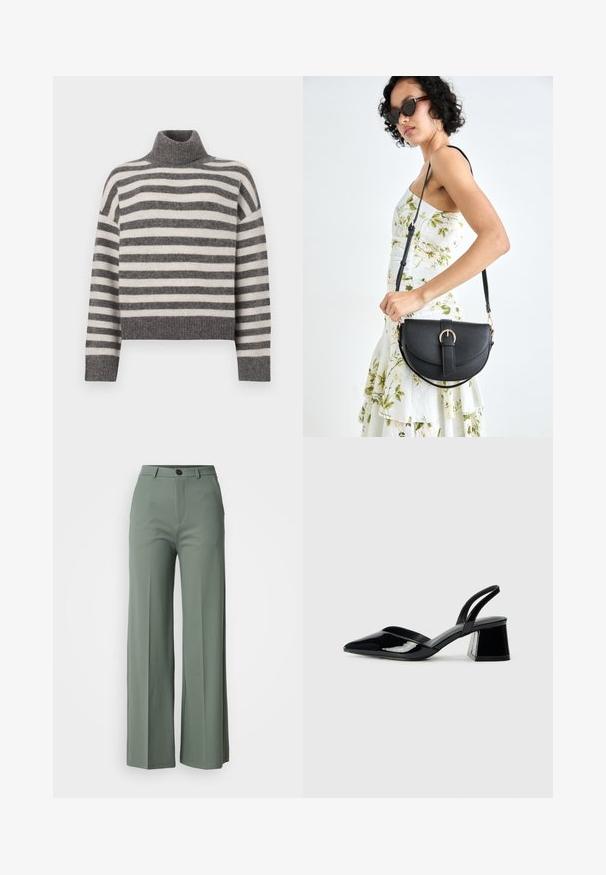 Randig polotröja i grått och krämfärgat. Mjuk material med en avslappnad passform, med ribbade detaljer vid kragen och nederkanten.; Breda byxor i en dämpad grön tyg, med en framknäppning och slät yta. Inga synliga mönster eller detaljer.; Svarta lackläder slingback klackar med spetsig tå och geometrisk klack. Har en elegant, minimalistisk design och slät yta.; Svart läderhandväska med en böjd form, avtagbar rem och guldiga detaljer. Väskan har ett lock med en spänndetalj.