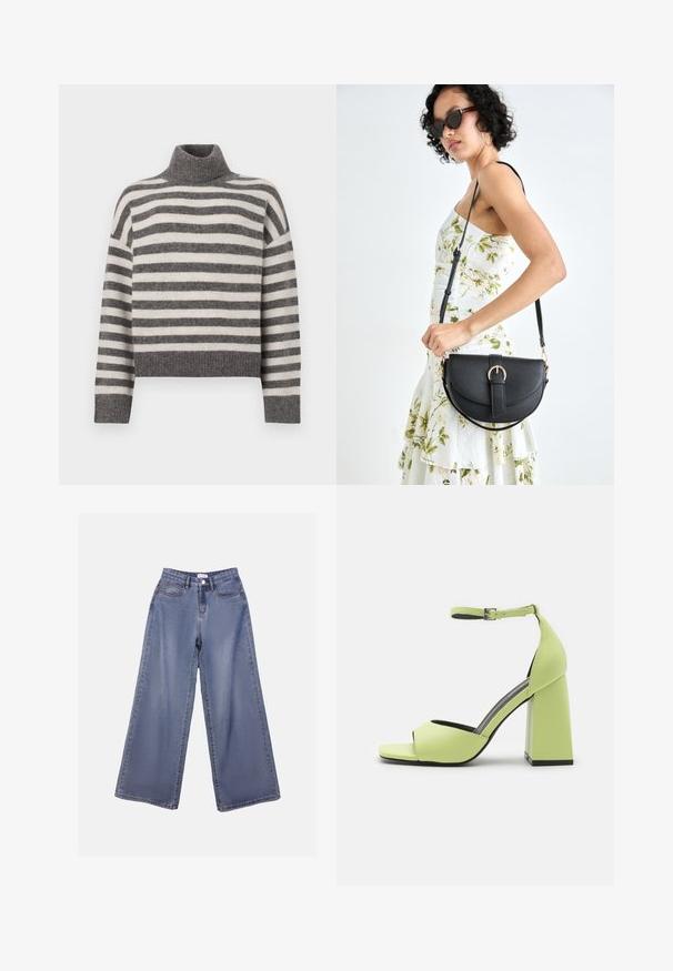 Suéter canelado de gola alta em cinza e creme. Material macio com um ajuste descontraído, apresentando detalhes canelados na gola e na barra.; Calças de ganga de perna larga numa lavagem azul clara, com uma cintura alta, bolsos frontais e fecho de botão com passadores para cinto.; Even&Odd Sandálias de salto alto - light green; Bolsa de couro preta com forma curva, alça destacável e detalhes em dourado. A bolsa possui uma aba com detalhe de fivela.