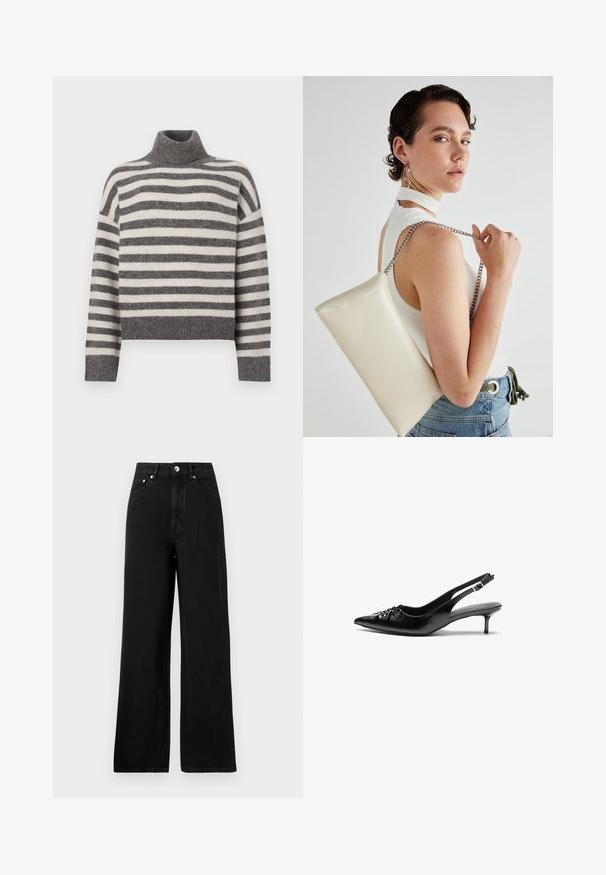 Csíkos garbós pulóver szürke és krémszínben. Puha anyag, laza fit, bordázott részletekkel a gallérnál és az alsó résznél.; Magas derekú fekete farmernadrág, széles lábú dizájnnal, öt zsebével és ezüst színű fém részletekkel. Általánosságban sima tapintású.; Fekete bőrből készült slingback magassarkú cipők hegyes orral, kis francia sarokkal és díszes csomóval az elején. Az egész felületen sima textúra.; Fehér, téglalap alakú, fényes anyagból készült clutch táska, ezüst láncos pánttal. A modell pózol, bemutatva a táskát egy egyszínű háttér előtt.