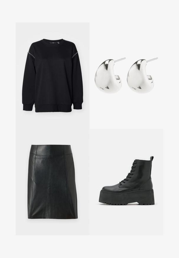 Vero Moda Curve VMCDAISY - Sudadera - black; Minifalda de piel negra con un diseño ajustado. Textura suave, costuras que delinean la forma y un dobladillo recto. Apariencia minimalista y elegante.; Botines negros con suela de plataforma gruesa, hechos de cuero suave, con un diseño de cordones y una lengüeta en la parte posterior.; Pendientes de plata en forma de tuerca con un diseño liso y curvado. Cuentan con un acabado pulido y un cierre de presión para un uso seguro.