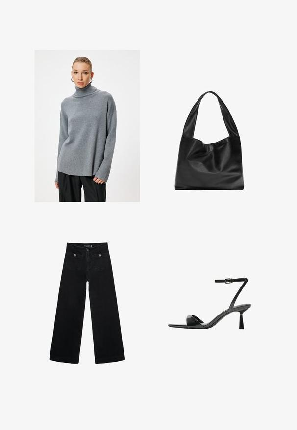 Hellgrauer Rollkragenpullover aus weichem Strickmaterial, mit einem entspannten Schnitt, überschnittenen Schultern und geripptem Ausschnitt, kombiniert mit dunklen Hosen.; Schwarze, weit geschnittene Jeans mit hoher Taille, die zwei Fronttaschen und metallene Knopfakzente aufweist. Der Stoff hat eine glatte Textur.; Bershka High Heel Sandalette - black; Schwarze Leder-Tote mit einem weichen, lässigen Design, breiten Griffen und einer glatten Textur. Keine sichtbaren Beschläge oder Verzierungen.
