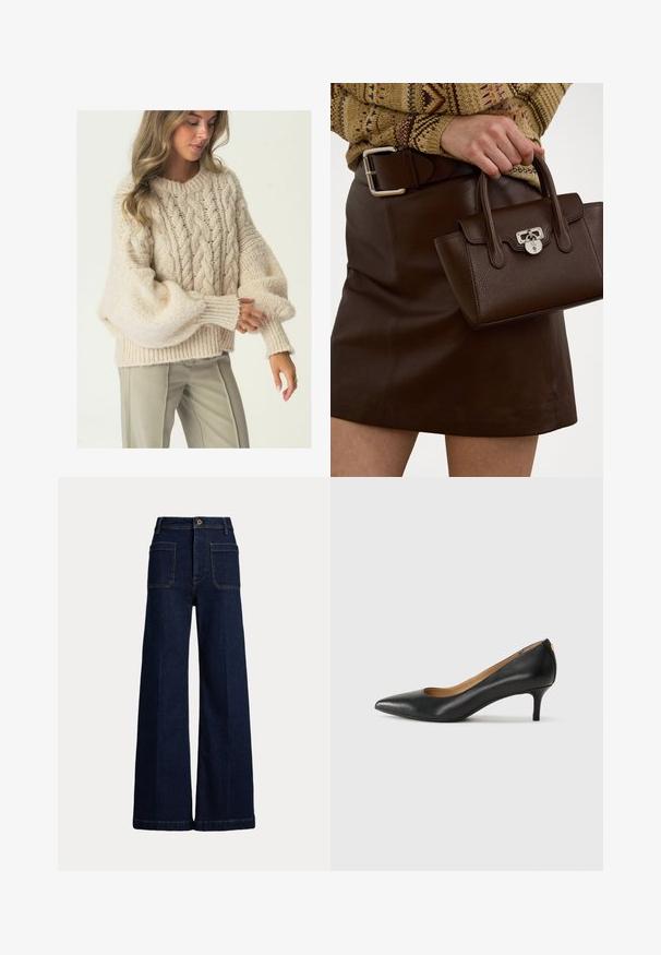 Beige kaapoknitti neule, jossa on paksu rakenne, leveät hihat ja ribbireunus. Yhdistetty vaaleisiin räätälöityihin housuihin.; Korkeavyötäröiset, tummansiniset leveälahkeiset farkut, joissa on viisi taskua ja erottuva tikkaus. Sisältää nappisuljin ja jämäkän muodon.; Mustat nahka-korkokengät, joissa on terävä kärki, matala korko ja sileä pinta. Edessä on pieni aukko ja takana minimaalinen varustus.; Ruskea nahkainen käsilaukku, jossa on teksturoitu pinta ja hopeiset yksityiskohdat, pidetään kädessä ruskean nahkahameen ja kuviollisen neuleen vieressä.