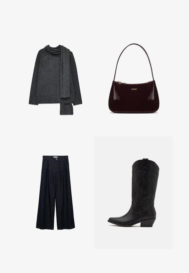Dunkelgrauer, oversized Strickpullover mit einem Schalkragen und passendem Schal, der eine strukturierte Oberfläche und gerade geschnittene Ärmel aufweist.; Langärmliges, kastanienrotes Hemd mit Knöpfen, das vertikale weiße und bunte Streifen aufweist, mit einem klassischen Kragen und einem abgerundeten Saum.; Dunkelblaue, weite High-Waist-Hosen aus Denim mit einem Knopfverschluss vorne, zwei Seitentaschen und Nähdetails.; Schwarze Leder-Cowboystiefel mit spitzer Zehenform, niedrigem, gestapeltem Absatz und kunstvollem, geprägtem Blattmuster am Schaft. Schleife am oberen Ende für einfaches Anziehen.; Burgunderfarbene Handtasche aus Lackleder mit glatter Textur, geschwungener Form, einem Schulterriemen und goldenem "kazar"-Logo auf der Vorderseite.