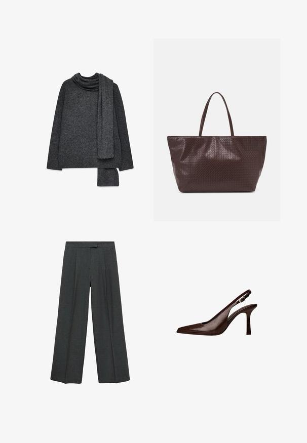 Ciemnoszary, oversize sweter z dzianiny z kapturem i pasującym szalem, z teksturowanym wykończeniem i prostymi rękawami.; Ciemnoszare spodnie o szerokich nogawkach z pliskami z przodu, wykonane z teksturowanej tkaniny, z płaskim pasem bez widocznych zapięć.; Brązowe skórzane sandały typu slingback z ostrym noskiem i cienkim obcasem. Posiadają małą klamrę akcentującą na pasku oraz błyszczące wykończenie.; Brązowa pleciona torba na ramię ze skórzanym wykończeniem, z dwoma uchwytami, o usztywnionym kształcie i teksturowanej powierzchni, z charakterystycznym wzorem w diamenty.; Brązowy satynowy naszyjnik z czerwonymi koralikami, z nieregularnym czerwonym kamieniem i ciemnym koralikiem, zamocowanym na złoconym zapięciu z regulowanym zapięciem.