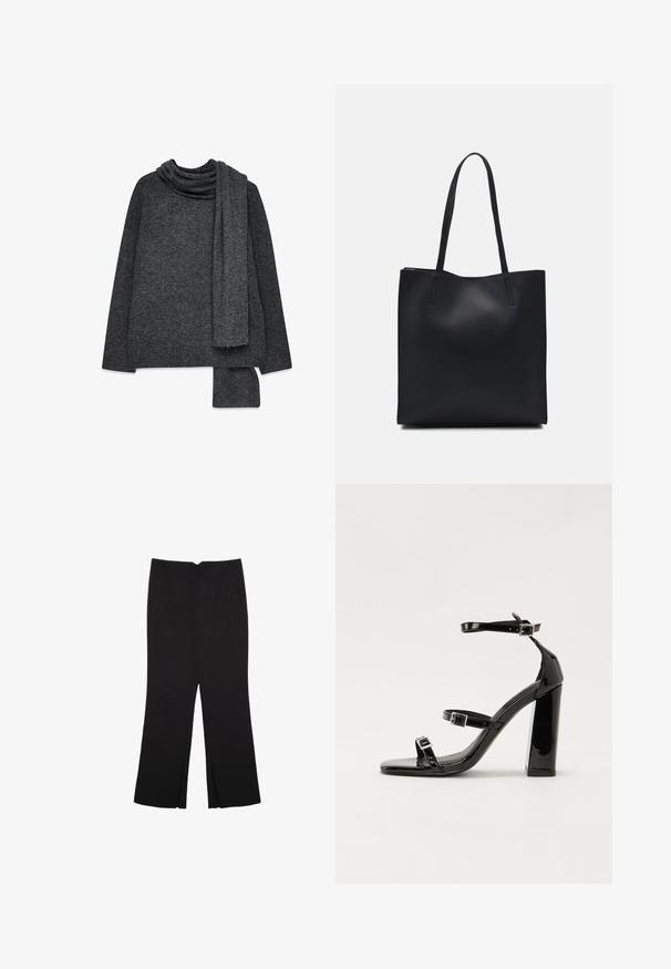 Dunkelgrauer, oversized Strickpullover mit einem Schalkragen und passendem Schal, der eine strukturierte Oberfläche und gerade geschnittene Ärmel aufweist.; Schwarze Hose mit geradem Schnitt, ausgestattet mit Fronttaschen und Seitenschlitzen am Saum. Hergestellt aus weichem, glattem Stoff. Geeignet für verschiedene Anlässe.; Schwarze patentierte Sandalen mit Absatz, quadratischer Spitze, Knöchelriemen und silbernen Schnallen. Mit einem stabilen Blockabsatz für mehr Stabilität.; Schwarze Laptoptasche aus Leder mit glatter Textur, rechteckiger Form und zwei langen Griffen. Keine sichtbaren Beschläge oder Verzierungen.