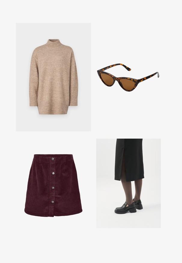 Μπεζ πλεκτό πουλόβερ με ψηλό λαιμό, χαμηλούς ώμους και ριμπ τελείωμα, που διαθέτει μαλακή υφή και χαλαρή εφαρμογή.; Μίνι φούστα καμπάνα από μπορντό κοτλέ, με πέντε ασημένια κουμπιά μπροστά και διακριτή ραβδωτή υφή.; Μαύρα δερμάτινα παπούτσια με στρογγυλή μύτη, χοντρό τετράγωνο τακούνι και ελαστικές πλάγιες λεπτομέρειες, συνδυασμένα με σκούρες καλσόν και μια μαύρη φούστα με σχίσιμο.; Γυαλιά ηλίου τύπου cat-eye με μαύρο και πορτοκαλί καβούκι, καφέ φακούς και κομψές, μυτερές άκρες. Φέρουν ένα μίνιμο λογότυπο στο βραχίονα.
