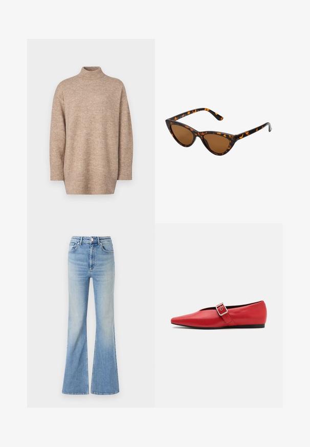 Beige kötött pulóver magas garbóval, ejtett vállakkal és bordás szegéllyel, amely puha tapintású és laza fazonú.; Világoskék, bő szabású farmernadrág, magas derekú, öt zsebes dizájnnal, amelynek alja fokozatos elhalványulással rendelkezik.; Piros bőr lapostalpú cipő, hegyes orral, oldalsó pánttal és fémből készült csattal, alacsony fekete sarokkal. Sima textúra az egész cipőn.; Cica szemüveg fekete és narancssárga teknőc pánttal, barna lencsékkel és sima, hegyes végekkel. A templomán egy minimalista logó található.