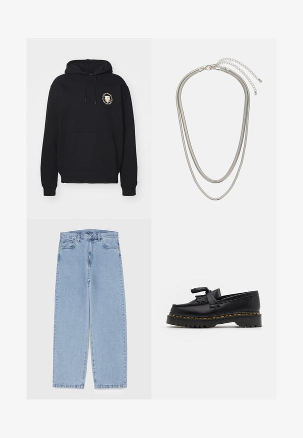 Fekete kapucnis pulóver, zsinóros kapucnival, kenguruzsebből és bordázott mandzsettákból, valamint hem-ből áll. A bal mellrészen arany színű kör alakú logó található.; Világoskék farmernadrág egyenes szárú kivitelben, közepes derékkal, öt zsebbel, gombos és cipzáros záródással.; Fekete bőr mokaszin, rojtos díszítéssel, masszív fekete talppal és sárga varrással az élén. Texturált felület.; Háromrétegű ezüstszínű fém nyaklánc, letisztult, rugalmas láncokkal, enyhe fényességgel, homárkapoccsal rögzítve és állítható lánccal.