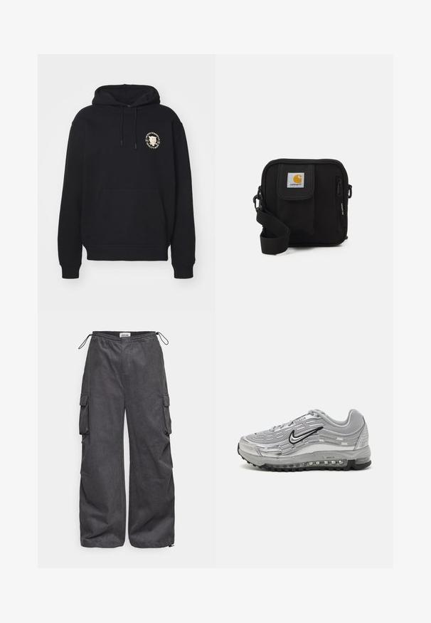 Fekete kapucnis pulóver, zsinóros kapucnival, kenguruzsebből és bordázott mandzsettákból, valamint hem-ből áll. A bal mellrészen arany színű kör alakú logó található.; Szürke cargo nadrág, texturált anyagból készült, rugalmas derékrésszel, zsinórral és oldalsó zsebekkel. Laza szabású, széles lábakkal.; Szürke Nike Air Max sportcipők, hálós és szintetikus felsőrész, hullám alakú dizájn, fekete kiegészítők és látható légpárnás talp.; Fekete keresztbody táska cipzáras főrekesszel, elülső zsebbel, állítható pánttal és látható logóval a fedélen.