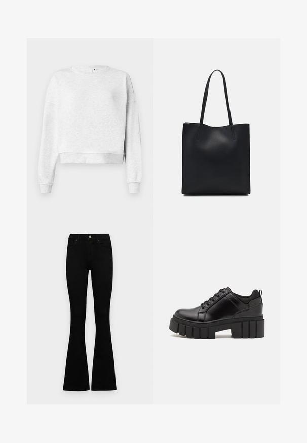 Grå bomullssweatshirt med rund hals, senkede skuldre og ribbede mansjetter. Har en kortermet hem og myk, teksturert stoff.; Sorte høytlivsjeans med knapp og glidelås, frontlommer og utsvingte bein liggende flatt på en hvit bakgrunn.; Svarte lærplattformsko med kraftig blokkhell, rund tå og tradisjonell snøring. Har en jevn tekstur og minimal detaljering.; Svart lær tote bag med glatt tekstur, rektangulær form og to lange håndtak. Ingen synlige deler eller dekorasjoner.