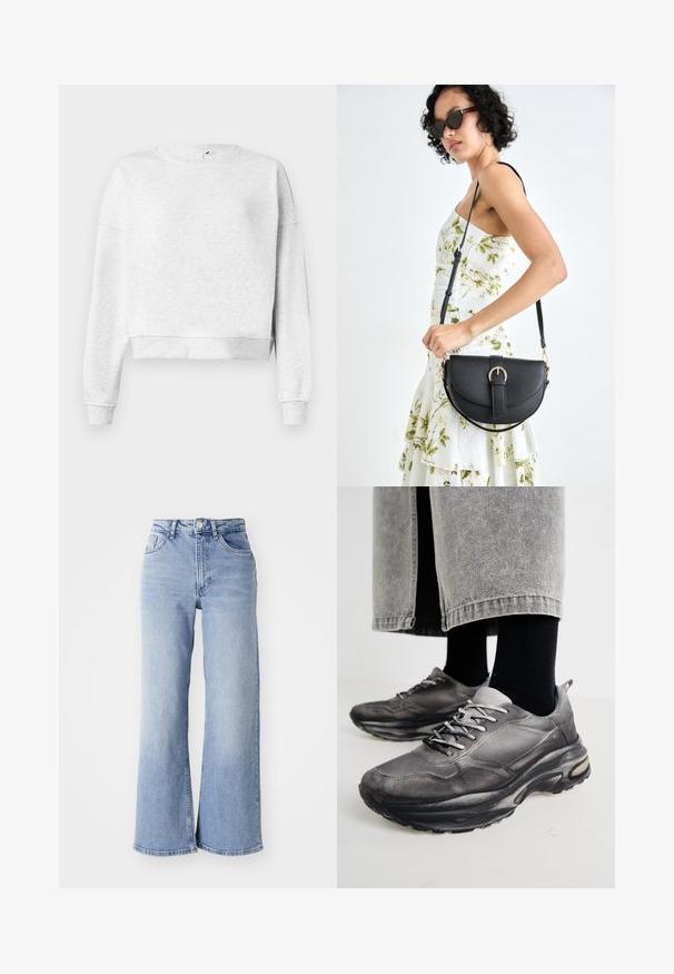 Gray cotton sweatshirt with a round neckline, dropped shoulders, and ribbed cuffs. Features a cropped hem and soft, textured fabric.; Light blue high-waist wide-leg jeans with front and back pockets, button closure, and subtle fading on the thighs and hems.; Black and gray athletic shoes feature a mesh upper, thick soles, and laces. They have a rounded toe and visible cushioning detail.; Black leather handbag with a curved shape, detachable strap, and gold hardware. The bag features a flap with a buckle detail.