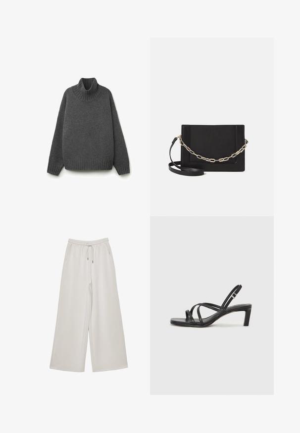Grau kombinierter Strick-Pullover mit Rollkragen und gerippten Bündchen und Saum. Übergroßes Design mit strukturierter Oberfläche, das ein gemütliches Erscheinungsbild bietet.; Helle graue weit geschnittene Hose aus weichem Stoff mit elastischem Bund, verstellbarem Kordelzug und seitlichen Taschen. Weiche Textur über das gesamte Material.; Schwarze Sandale mit Riemchen, quadratischer Zehenform und niedrigem Blockabsatz. Verfügt über mehrere dünne Riemen und einen verstellbaren Knöchelriemen. Hergestellt aus glattem Leder.; Schwarze Leder-Crossbody-Tasche mit glatter Textur, rechteckiger Form und metallic-kettendetail auf der Vorderseite. Verstellbarer Gurt inklusive.