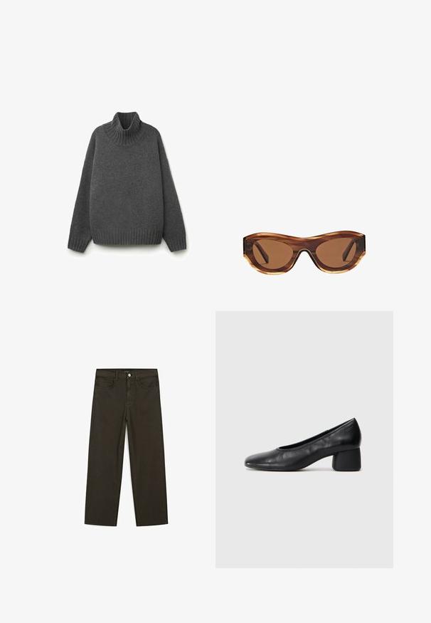 Grau kombinierter Strick-Pullover mit Rollkragen und gerippten Bündchen und Saum. Übergroßes Design mit strukturierter Oberfläche, das ein gemütliches Erscheinungsbild bietet.; Dunkelgrüne Jeans im weit geschnittenen Style, hergestellt aus einem Baumwollgemisch. Sie verfügen über einen Frontknopfverschluss, fünf Taschen und klassische Denim-Nähte.; Schwarze Lederpumps mit runder Zehenpartie und mittelhohem Blockabsatz. Glatte Textur mit minimalen Details, ausgestattet mit einem dezenten elastischen Einstieg.; Sonnenbrille mit Schildpatt-rahmen, braunen Verlaufslinsen und einer eleganten Katzenaugenform. Hergestellt aus leichtem Kunststoff mit glänzender Oberfläche.; Braune Ledertasche mit zwei langen Griffen, strukturierte rechteckige Form, glatte Textur und dezente Nähdetails.