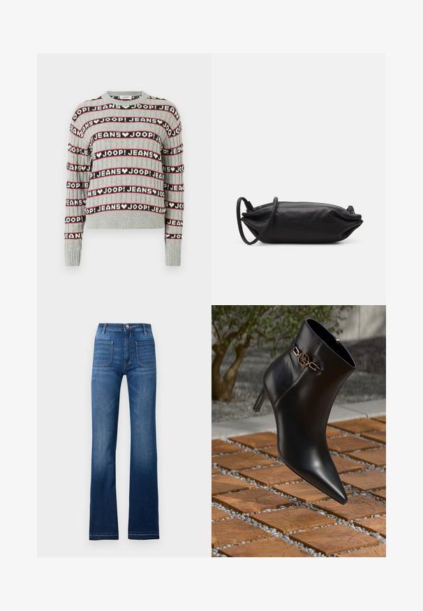 Harmaa neulottu villapaita, jossa on vuorottelevat "JOOP! JEANS" -tekstiraitoja mustana ja punaisena, ja jossa on resorinen pyöreä pääntie ja hihansuut.; Siniset farkut, joissa on leveä lahje, viisi taskua, nappikiinnitys ja näkyvät ompeleet saumoissa. Farkuissa on myös hieman haalistunut pinta.; Mustat nahkaiset nilkkasaappaat, joissa on teräväkärkinen muoto ja pieni korko. Nilkassa on kullanvärinen ketjuyksityiskohta. Saappaat ovat tekstuurilla varustetun kivipinnan ympäröimiä.; Musta nahkainen kukkaro, jossa on suorakaiteen muoto, sileä pinta, ohut olkahihna ja minimalistinen muotoilu.