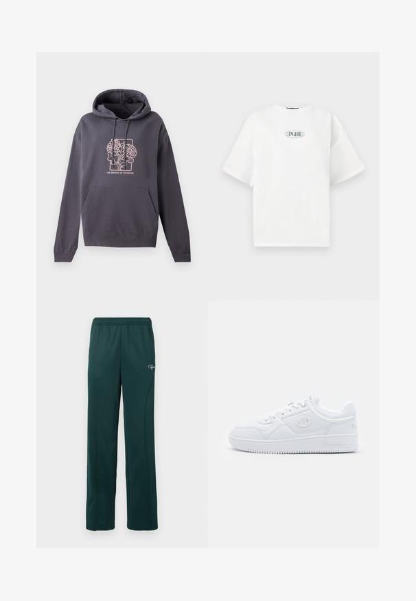 Sudadera gris oscura con un bolsillo frontal, capucha con cordón y un diseño gráfico en rosa claro que presenta hojas entrelazadas y el texto "EL EQUILIBRIO DE LOS OPUESTOS."; Camiseta blanca de manga corta hecha de algodón, con un logotipo gráfico en verde dentro de una forma ovalada en el centro del pecho.; Pantalones de chándal verde oscuro hechos de una tela suave, con una cintura elástica y costuras laterales, y un pequeño logo en la parte delantera.; Zapatilla blanca hecha de material sintético suave, con puntera redonda, suela plana y sutiles acentos de logo en los laterales. Diseño clásico de caña baja.