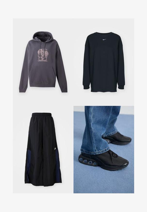 Dark gray hoodie with a front pocket, drawstring hood, and light pink graphic design featuring intertwined leaves and the text "THE BALANCE OF OPPOSITES."; Black long-sleeve T-shirt made of cotton with a crew neckline. Features a white Nike logo on the chest. Soft texture, simple design.; Black wide-leg pants made of lightweight fabric, featuring a navy blue side panel and an elastic waistband. Small white logo on bottom.; Black athletic sneakers with mesh upper, textured accents, and visible air cushioning pods in the sole. Worn with blue denim jeans.