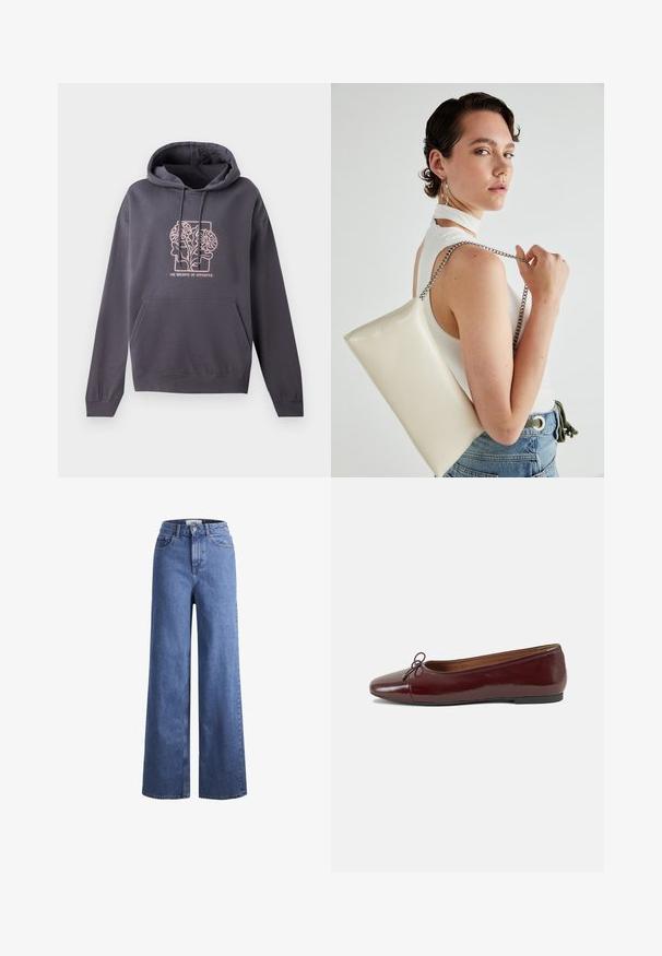 Dark gray hoodie with a front pocket, drawstring hood, and light pink graphic design featuring intertwined leaves and the text "THE BALANCE OF OPPOSITES."; Light blue denim wide-leg jeans with a high waist, two front pockets, and visible stitching. Features a button and zipper closure.; Burgundy patent leather ballet flat with a rounded toe, small bow accent at the front, and a low, black rubber sole. Smooth texture.; White rectangular clutch bag made of glossy material, featuring a silver chain strap. Model poses, showcasing the bag against a plain background.