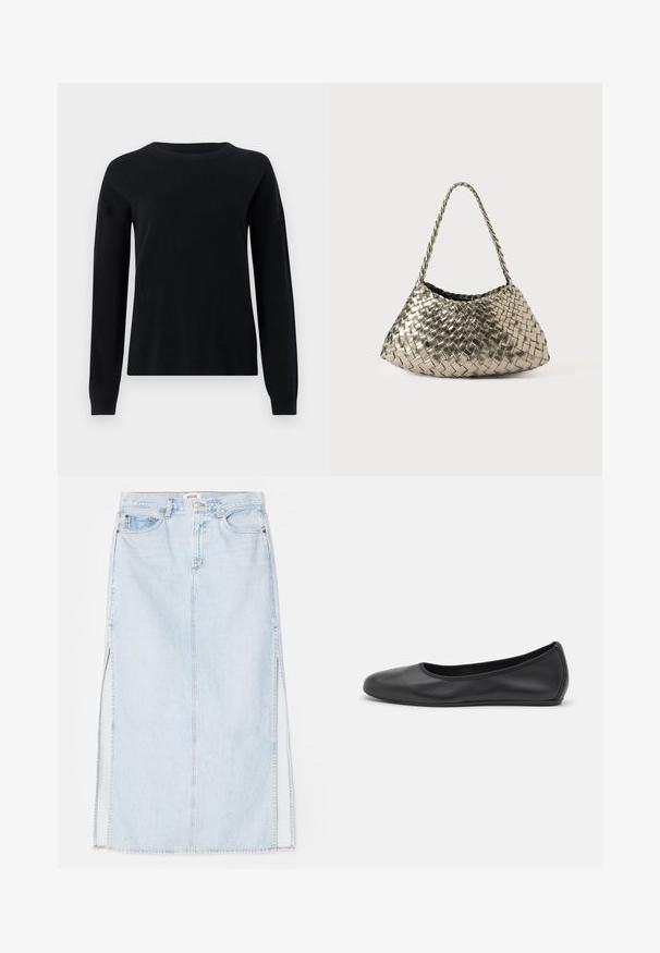 Sort striktrøje med lange ærmer, rund halsudskæring og ribbede manchetter, der har en glat tekstur og et enkelt, minimalistisk design.; Lyseblå denim maxi nederdel med lige snit, der har sideslidser og fem-lomme design. Fremtrædende syninger og metalknaplukning.; Sort læderballetsko med rund tå, glat tekstur, minimal syning og et fleksibelt såldesign.; Metallisk vævet håndtaske med en trekantet form, der har en flettet rem og et inderfôr i velvet. Farve: sølv. Struktur: glat og stoflignende.