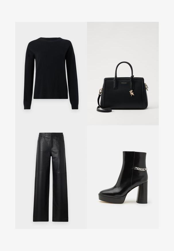 Zwarte gebreide trui met lange mouwen, ronde halslijn en geribbelde manchetten, met een gladde textuur en een eenvoudig, minimaal ontwerp.; Zwarte leren broek met wijde pijpen en een gladde textuur, voorzien van voorzakken, een knoopsluiting en subtiele stiksels.; Zwarte gepoetste leren enkelboot met een chunky plateau en hoge blokhak. Kenmerkt zich door een zilveren kettingaccent aan de zijkant. Glad textuur.; Zwarte leren handtas met gestructureerd ontwerp, dubbele handvatten aan de bovenkant, afneembare schouderband, gouden hardware en een logo charm accent.