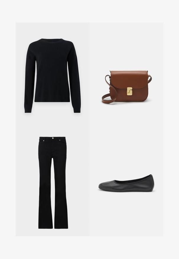 Maglione nero a maglia con maniche lunghe, scollatura rotonda e polsini a coste, caratterizzato da una superficie liscia e da un design semplice e minimal.; Jeans neri svasati in denim, dotati di due tasche anteriori, chiusura con bottone e una texture liscia. Cuciture iconiche visibili nei punti di giuntura.; Pantofole da balletto nere in pelle con punta arrotondata, texture liscia, dettagli di cucitura minimi e design con suola flessibile.; Borsa a tracolla in pelle marrone con chiusura a pattina, hardware color oro, tracolla e una finitura liscia. Forma rettangolare compatta.