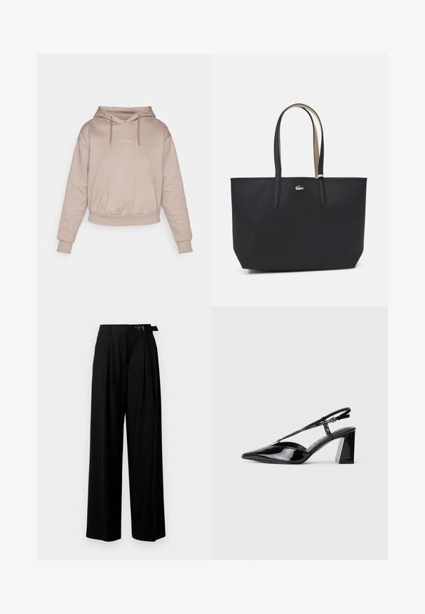 Guess STACIE HOODED - Kapuzenpullover - weathered grey; Schwarze weit geschnittene Hosen mit hoher Taille, Falten an der Vorderseite und einem Gürtel mit Schnalle. Hergestellt aus glattem, leichtem Stoff.; Schwarze lackleder Slingback-High-Heels mit spitz zulaufender Zehenpartie, verstellbarem Riemen und klobigem rechteckigem Absatz.; Schwarze Tragetasche mit strukturierter Form, aus texturiertem Material gefertigt, mit zwei langen Griffen und einem kleinen silbernen Logo auf der Vorderseite.