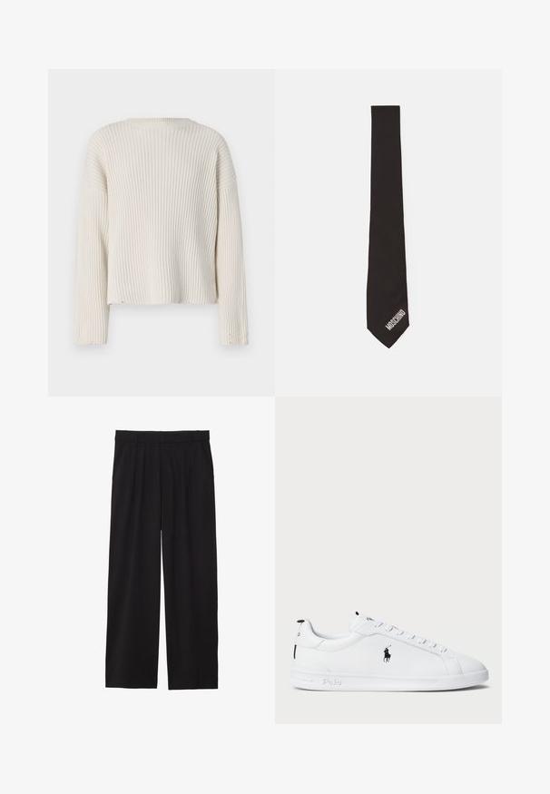 Kreemivalge soonikkoes, millel on pikad varrukad, ümmargune kaelus ja lõdva lõikega. Omab kulunud serva detaile ja tekstuurset kangast.; Valge nööpidega särk helesiniste vertikaalsete triipudega, pikkade varrukatega, nööpidega krae ja väike broderiit logo vasakul rinnal.; Mustad laiad püksid pleediga esiosas, küljetaskud ja sile kangas. Disainitud mugavaks istuvuseks.; Valge nahkne tennisepaar ümarate varvastega, paeltega ees, must logo külgedel, tekstureeritud kummist tallaga ja pehmendatud kaelusega. Omab minimalistlikku disaini.; Must värv ja tekstuurne viimistlus. Omab teravat otsa ja ühel küljel on hõbedase värviga broderitud sõna "MOSCHINO".; Beežist kiiulpäevakott, millel on ümar kuju, must tõmblukuga tasku ja logopatch. Omab ülemist käepidet ja reguleeritavaid õlavöötmeid.