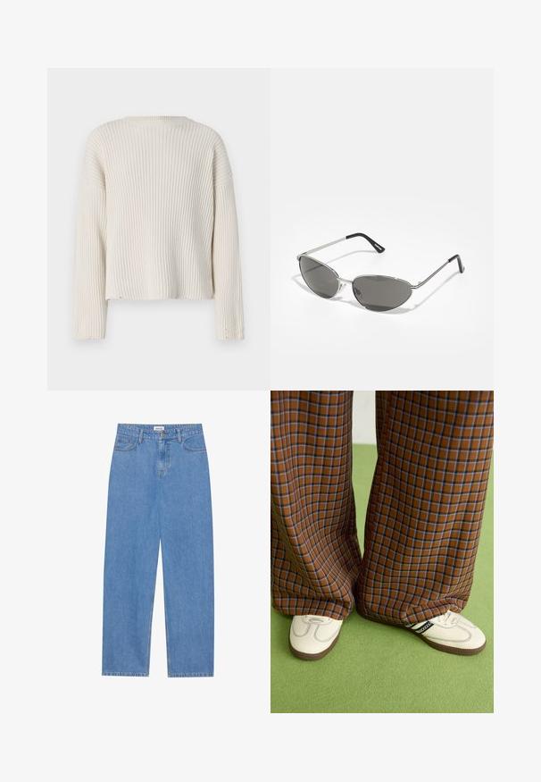 Cream-colored ribbed sweater with long sleeves, round neckline, and a relaxed fit. Features frayed hem details and textured fabric.; Black cotton t-shirt featuring a small, yellow flame-patterned butterfly graphic on the chest. Crew neckline, short sleeves.; Light blue denim jeans with a straight cut, five-pocket design, single button closure, and subtle stitching details on the seams.; Brown and blue plaid wide-leg trousers paired with white shoes featuring black accents and textured soles, set against a green background.; Sunglasses with a sleek, silver metal frame, gray tinted lenses, and an aerodynamic design featuring pointed edges and thin arms.