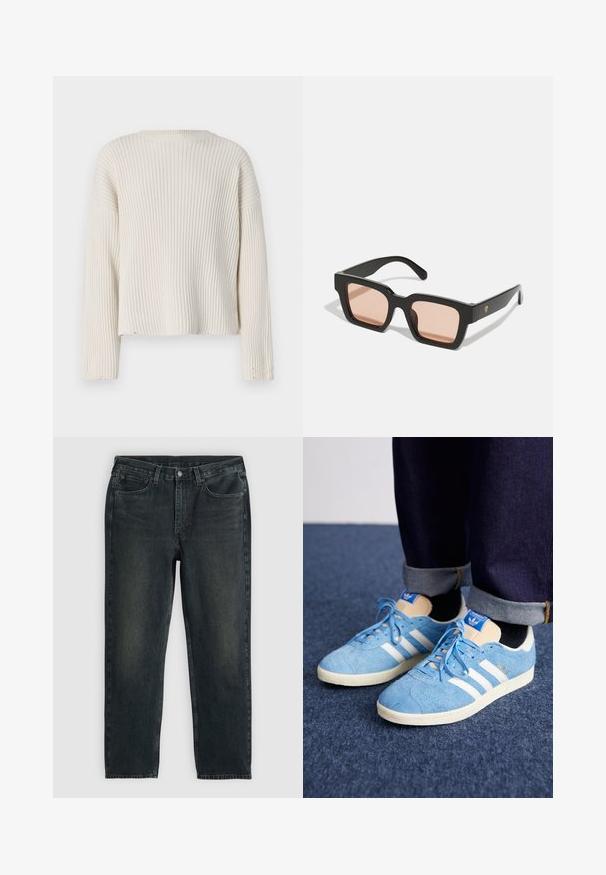 Suéter de color crema con manga larga, escote redondo y corte holgado. Presenta detalles de dobladillo deshilachado y tejido texturizado.; Vaqueros de mezclilla azul oscuro con un corte recto, que cuentan con cinco bolsillos, una cremallera en la bragueta y costuras en contraste. Ligera decoloración en la tela.; adidas Originals GAZELLE UNISEX - Zapatillas - light blue/off white/cream white; Gafas de sol de plástico negro con montura rectangular y lentes tintados en rosa claro. Presentan un acento de logo en el costado.
