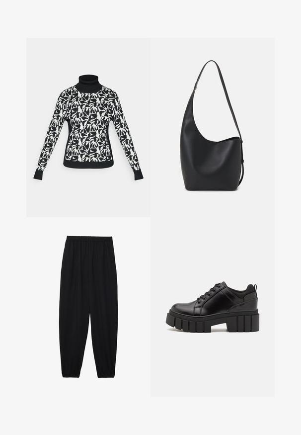 Melns augstas apkakles džemperis ar baltu abstraktu lapu rakstu. Mīksts adīts materiāls, pieguļošs dizains ar gariem piedurknēm un ribotām aprocēm.; Melnas, vieglas bikses ar elastīgu jostu un savilktiem potītiem. Audums ir gluds un to raksturo brīva, sašaurināta forma.; Melnas ādas platformas kurpes ar masīvu bloku papēdi, apaļu purngalu un tradicionālu saistīšanas dizainu. Izceļas ar gludu tekstūru un minimālu apdari.; Melnas ādas hobo soma ar gludu tekstūru, izliekta forma un vienu regulējamu jostu; augšā ir plaša atvere.