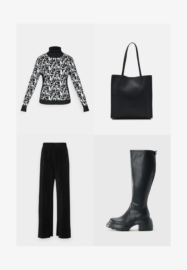 Juodas golfas su balta abstrakčiu lapų raštu. Minkšta mezgimo medžiaga, prigludęs dizainas ilgomis rankovėmis ir ribinėmis apačia.; Juodi plisuoti kelnės su elastine juosta. Turėkite plačias kojas ir glotnų, tekstūrinį audinį su vertikaliais dryžiais.; Ilgas juodos odinės batai su masyvi platforma ir stačiakampiu kulnu, turintys traukimo kilpą ir tekstūruotą pado raštą.; Juodas odinis tote krepšys su lygia tekstūra, stačiakampio formos ir dviem ilgais rankenomis. Matomų metalinių detalių ar puošybos nėra.