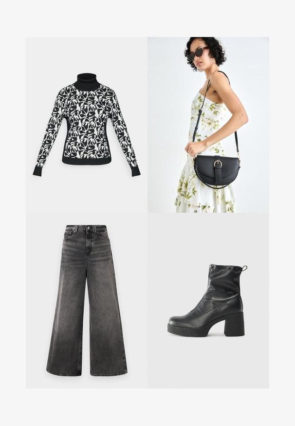 Schwarzer Rollkragenpullover mit weißem abstraktem Blattmuster. Weiches Strickmaterial, figurbetontes Design mit langen Ärmeln und gerippten Bündchen.; Schwarze Jeans im weit geschnittenen Stil aus Denim mit einer ausgebleichten Waschung, Fünf-Taschen-Design und einem Knopfverschluss am Bund, ausgestattet mit gestickten Akzenten.; Schwarze Stiefeletten aus glattem Leder mit seitlichem Reißverschluss, klobigem strukturiertem Absatz und runder Zehenform.; Schwarze Lederhandtasche mit geschwungener Form, abnehmbarem Tragegurt und goldenen Beschlägen. Die Tasche verfügt über einen Deckel mit einer Schnallen-Details.