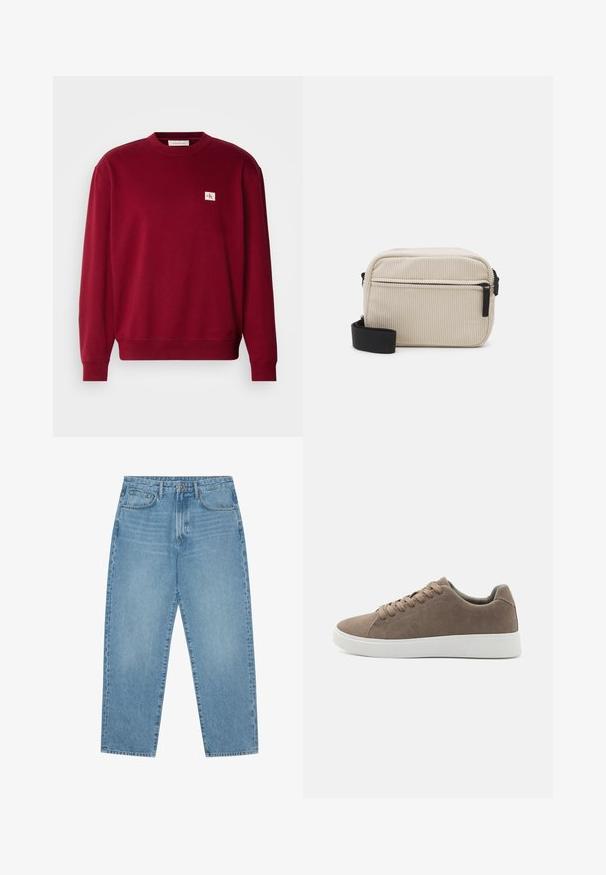 Punane sviiter, mis on valmistatud pehmest kangast, millel on ümmargune kaelus, pikad varrukad ja väike brodeeritud logo vasakul rinnakorvil.; Hele sinised teksapüksid sirge säärega, viie taskuga disain ja kergelt tuhmunud tekstuuriga. Varustatud nupuga ja luku sulgemisega.; Pruunid sametist tossud lame valge kummist tallaga, nöörimise disainiga, ümar nina ja siledat tekstuuri. Minimalistlik stiil koos diskreetsete õmblusdetailidega.; Kreemivärvi corduroy ristseljakott musta tõmbluku, eemaldatava rihma ja tekstuurse mustriga. Omab ühte põhikomplekti ja esikotti.