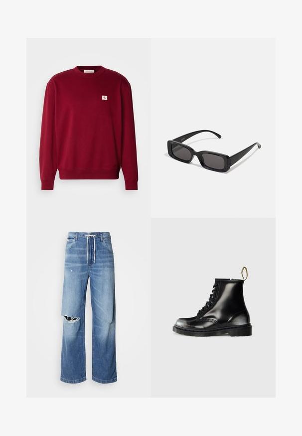 Piros pulóver puha anyagból, kerek nyakkivágással, hosszú ujjal, és egy kis hímzett logóval a bal felső mellrészen.; Világoskék farmernadrág laza szabással, fehér húzózsinóros derékpánttal, a elején jellegzetes szakításokkal, amelyeken cérnával szelektált szélek láthatók.; Fekete bőr bokacsizmák fényes felülettel, nyolc fűzőlyukkal, fekete cipőfűzővel és húzófüllel. Mintás talppal rendelkezik.; Fekete, téglalap alakú napszemüveg sötét lencsékkel, fényes felülettel, széles szárakkal és masszív keret designnal. Az egyik szárra gravírozott márkanevével.