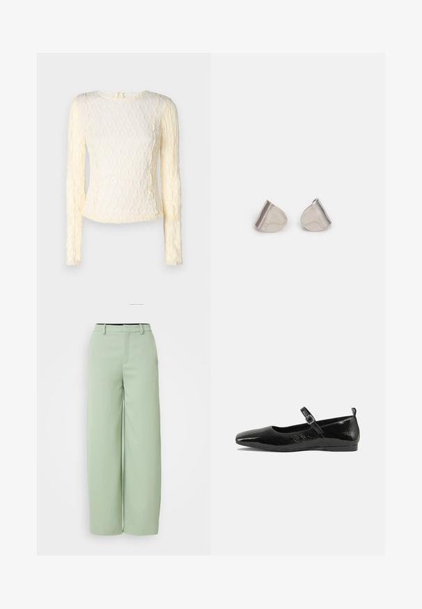 Långärmad krämfärgad topp med strukturerad mönster, rund halsringning och subtila volanger längs kanterna. Lätt, känsligt tyg.; Ljusgröna vida byxor i mjukt tyg. Funktioner en platt front, bältesömmar och en skräddarsydd passform utan synlig hårdvara.; Svarta lackläderslägenheter med spetsig tå, en rem vid ankeln med spänne och en slät, glänsande yta. Låg klack för komfort.; Silverfärgade metallörhängen med en slät, tårformad design och en polerad yta. Subtila gravyrer tillför detaljer. Minimalistisk design.