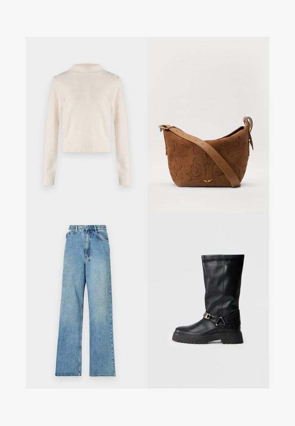Pull crème à manches longues avec un col haut. Texture douce, taille et poignets côtelés. Tissu léger avec un léger éclat.; Jean large en denim bleu clair avec une taille mi-haute, cinq poches et une fermeture à boutons dotée de quincaillerie en métal et d'une finition délavée.; Bottes noires montantes en cuir lisse, avec une accent de boucle sur le côté et une semelle épaisse et texturée pour une adhérence optimale.; Sac à épaule en suede marron avec un motif floral en relief, complété par une bandoulière en cuir marron lisse et des accents en métal doré.