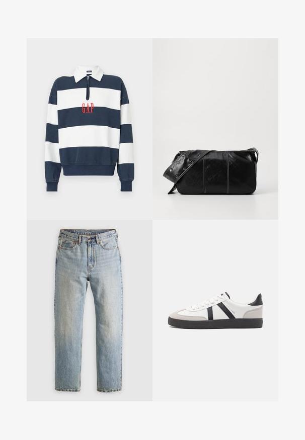 Navy un balta svītrota vilnas krekls ar rāvējslēdzēja apkakli, ar izšūtu "GAP" logo sarkanā krāsā centrā. Mīksts audums, brīvs piegriezums.; Gai zila denima bikses ar augstu jostasvietu, priekšējo pogu, rāvējslēdzēju un piecu kabatu dizainu, izlīdzinātas uz neitrāla fona.; Baltas sneakeris ar melniem un pelēkiem akcentiem, kuram ir teksturēts pelēks purngals, melna gumijas zole un plakanas baltas šņores. Tīrs dizains, minimālisma stils.; Melnas ādas plecu soma ar rāvējslēdzēja aizdari, ar teksturētu virsmu, baltu dūrienu un siksnu ar sudraba iekavām.